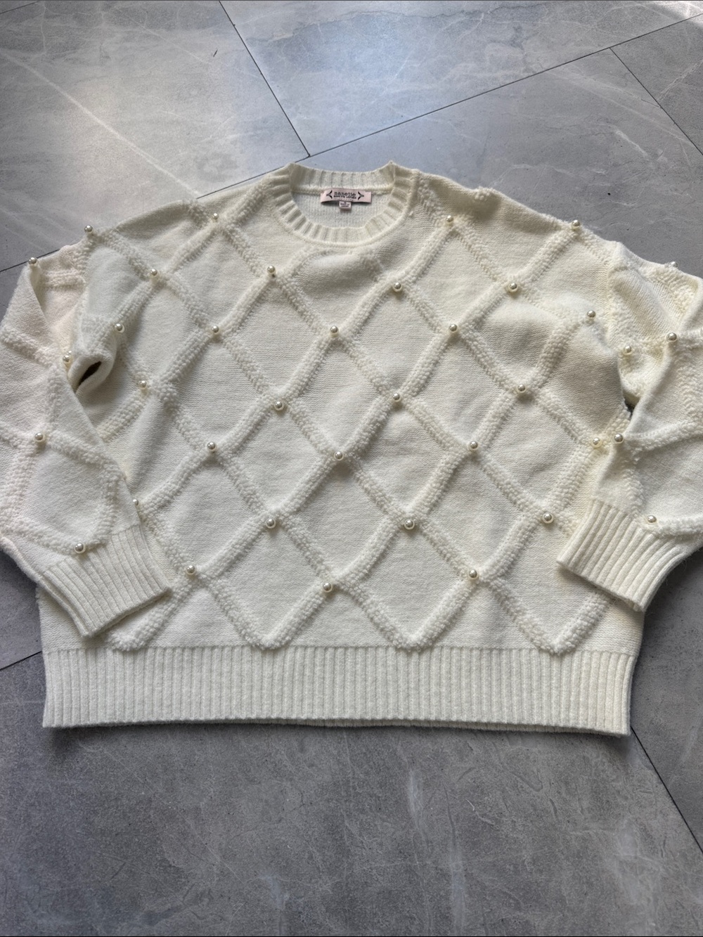 Nanette Lepore Cream Pearl-Embellished Diamond Knit Sweater